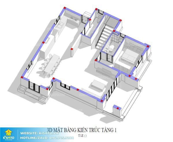 Mặt bằng 3D tầng 1 mẫu biệt thự 2 tầng mái Nhật hiện đại tại Ninh Bình