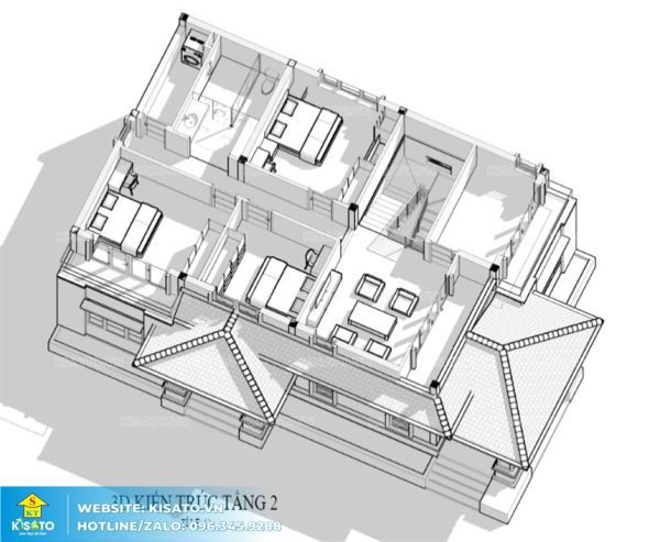 Phối cảnh 3D công năng tầng 2 biệt thự hai tầng mái Nhật tại Thái Nguyên 