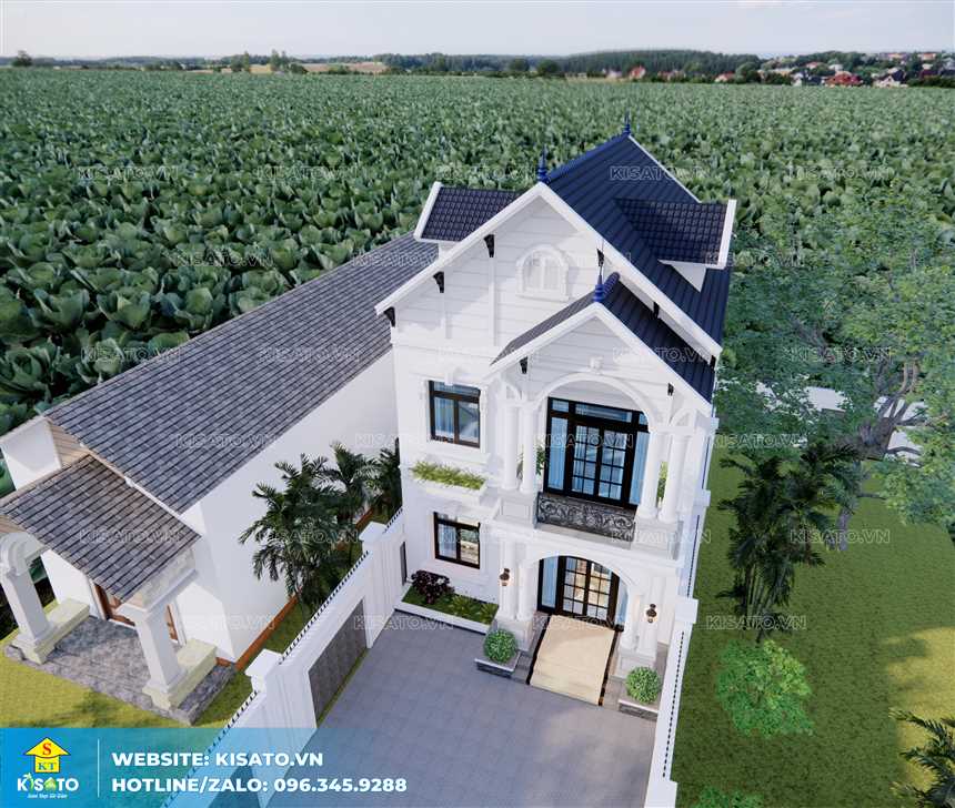 Phối cảnh 3D không gian ngoại thất của biệt thự 2 tầng mái Thái đẹp tại Hà Nội