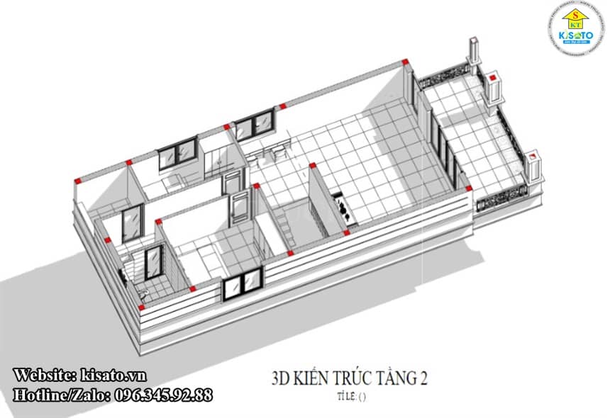 Phối cảnh 3D công năng tầng 2 mẫu biệt thự đẹp 2 tầng mái Thái 