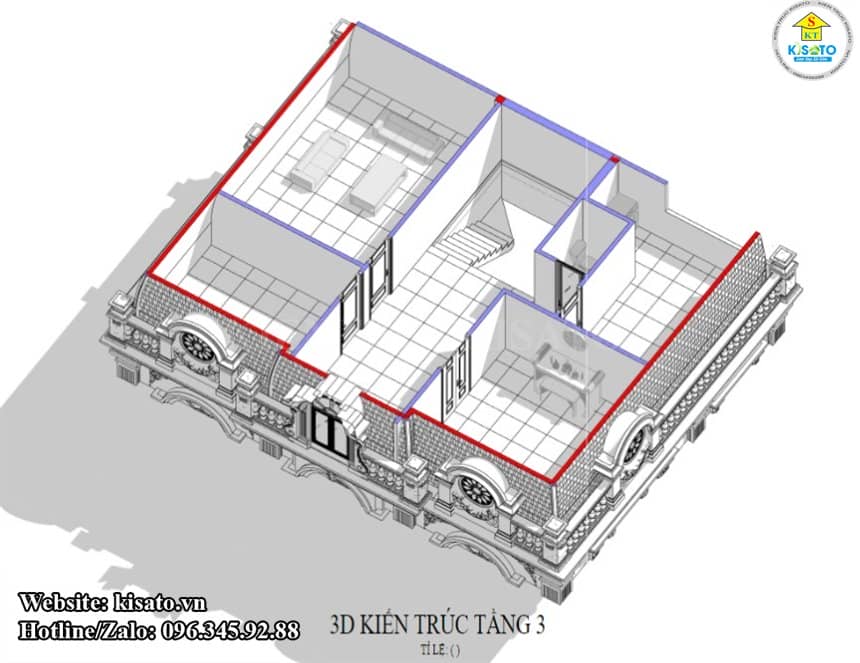 Mặt bằng 3D tầng 3 mẫu biệt thự 3 tầng tân cổ điển mái Mansard 