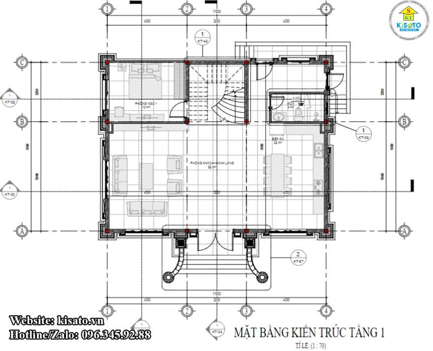 Mặt bằng công năng tầng 1 mẫu biệt thự 3 tầng tân cổ điển mái Mansard