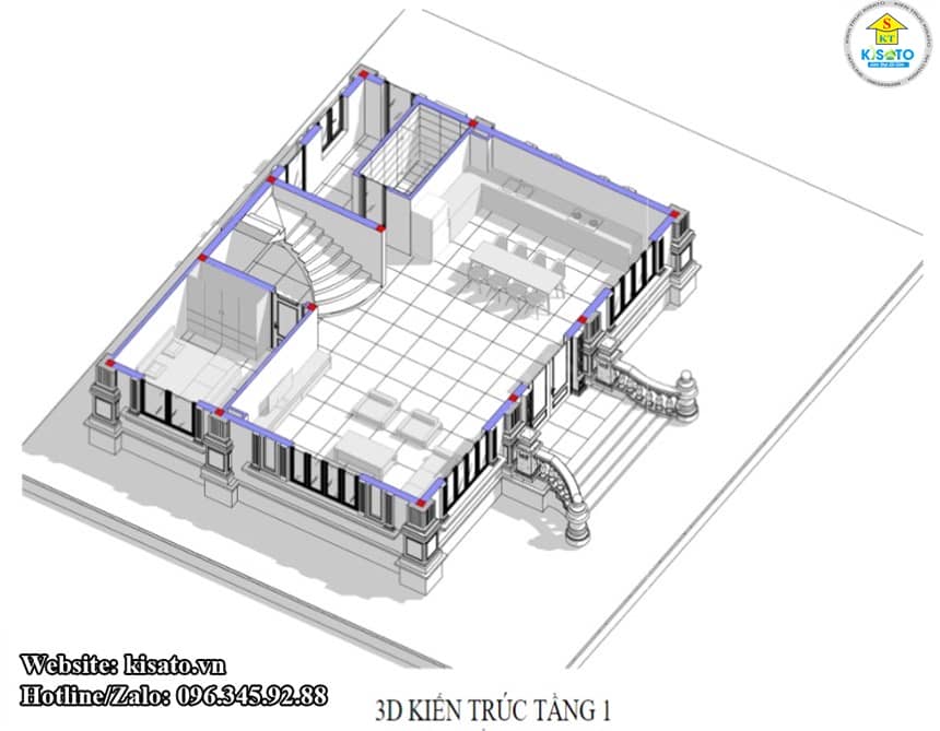 Mặt bằng 3D tầng 1 mẫu biệt thự 3 tầng tân cổ điển mái Mansard