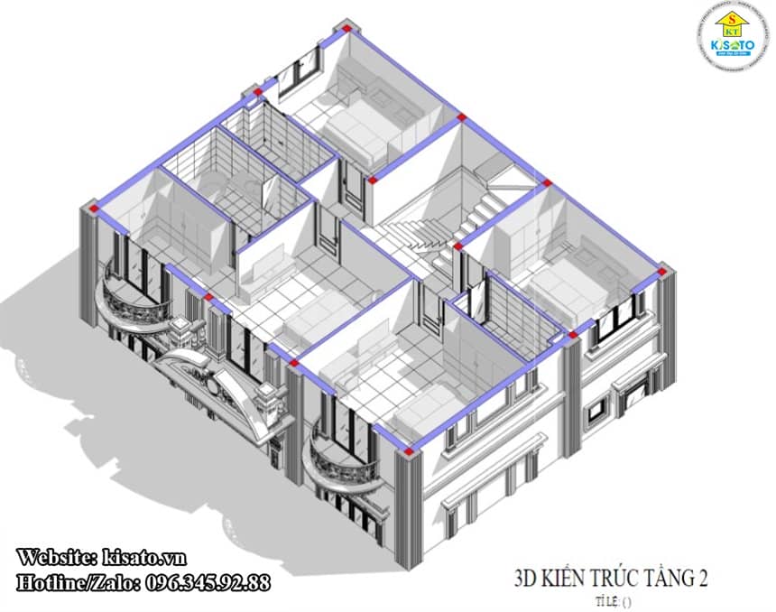 Mặt bằng 3D tầng 2 mẫu biệt thự 3 tầng tân cổ điển mái Mansard  