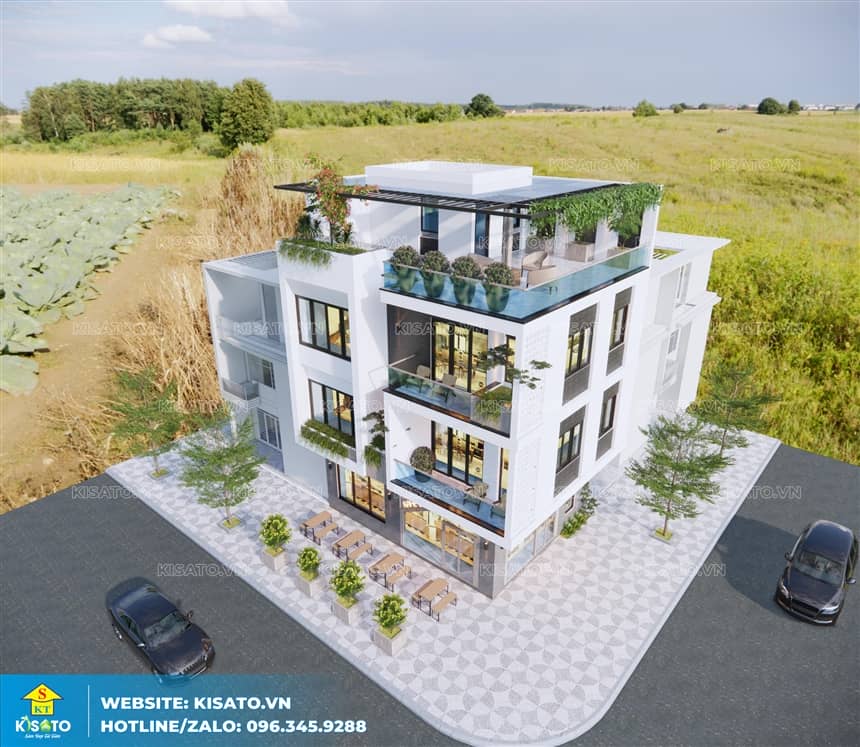 Phối cảnh 3D ngoại thất mẫu biệt thự 4 tầng để ở kết hợp kinh doanh tại Quảng Ninh