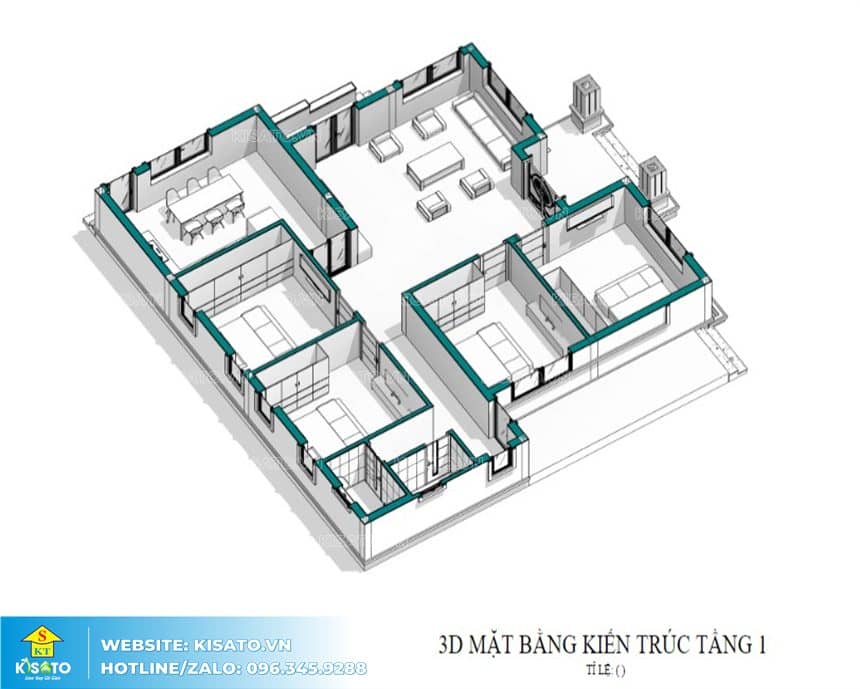 Mặt bằng 3D mẫu nhà cấp 4 mái Nhật phong cách hiện đại tại Bắc Giang